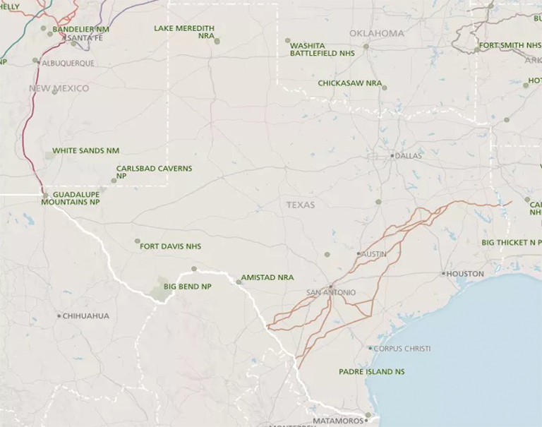 國家公園，古跡，歷史遺跡，自然保護(hù)區(qū)和德克薩斯州名勝古跡的地圖
