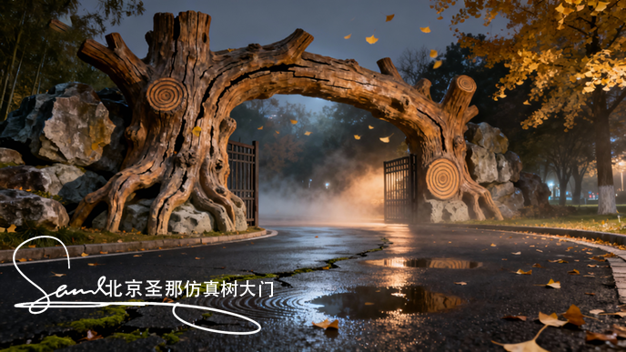 jimeng-2025-10-26-1700-這張圖片展示的是一處仿木景觀大門，屬于園林景觀造景的典型作品。 主體結構：大門以....png