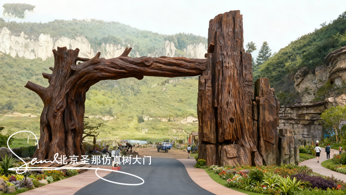 jimeng-2025-10-26-1872-一個主體顏色是自然暗棕色的仿樹樁造型的園林景觀入口，大門橫梁很厚重，整體迪士尼大....png